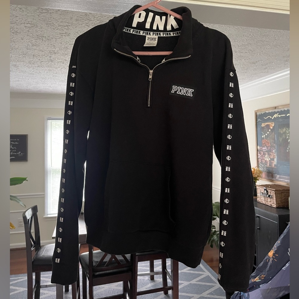 Victoria’s Secret PINK black quarter zip pullover with front pouch pocket-Medium